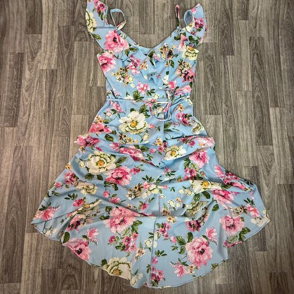 IZ Byer Blue Floral Ruffle Dress Size M Cold Shoulder Midi High-Low Hem Summer - Picture 1 of 7